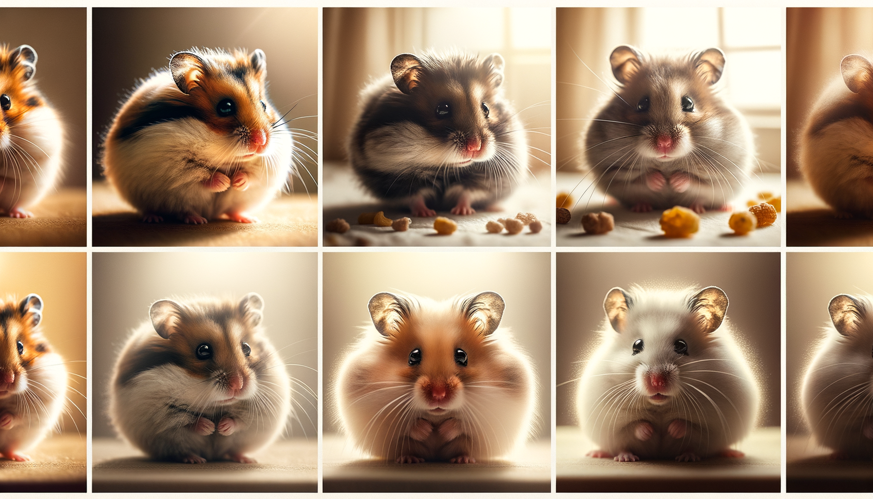 Create a high-quality collage of individual photos featuring different types of hamsters, with each type photographed separately. Each photo should be styled as if taken with a Canon EOS-1D X Mark III camera, using a 85mm f/1.2L lens. Set the aperture to f/2.8 for a shallow depth of field, ISO 100 for minimal noise, and a shutter speed of 1/200s to capture fine details. Use soft, diffused natural lighting from a window to create gentle highlights and shadows, ensuring the hamsters are well-lit and the textures of their fur are clearly visible. The background should be softly blurred to keep the focus on the hamsters, which should be posed in a natural and engaging manner. Include a variety of hamster types, such as Syrian, Campbell’s dwarf, Roborovski, and Chinese hamsters, ensuring each type is easily identifiable and showcasing their unique characteristics. The final collage should convey a sense of professionalism and high-quality photography suitable for a website and marketing brochures.